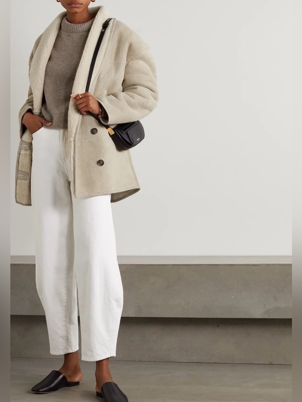 LOULOU STUDIO Cebu Beige Shearling Double-Breasted Coat (fits M-XL)